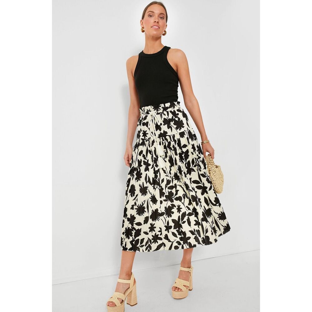 Moon River Floral Print A-line Full Midi Skirt Ivory, Black Size L